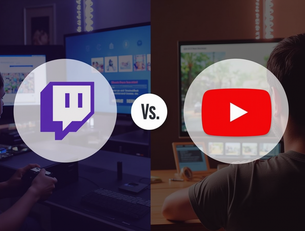 A side-by-side comparison of YouTube Premium and Twitch with their logos and a ‘vs’ sign in the center. The background features two content creators—one live streaming on Twitch and another editing a YouTube video—showcasing the differences between both platforms.