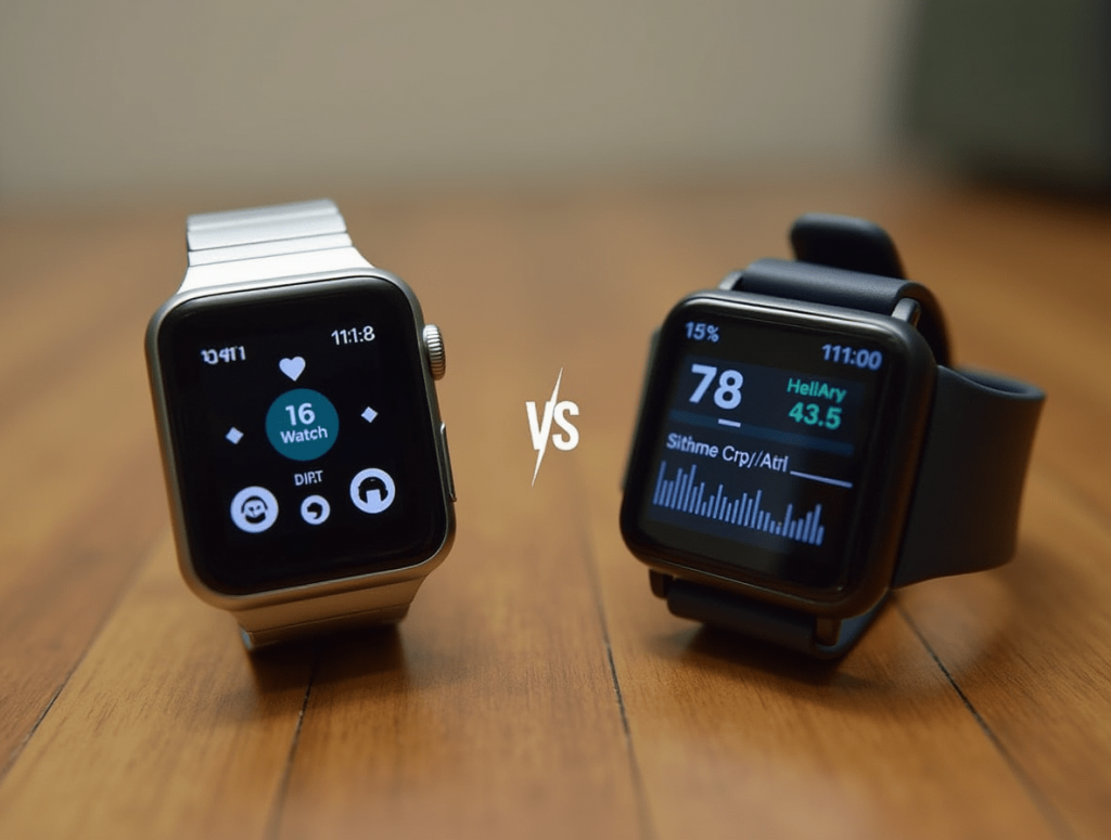 Fitbit and Apple Watch side by side showing fitness tracking data on their screens.

