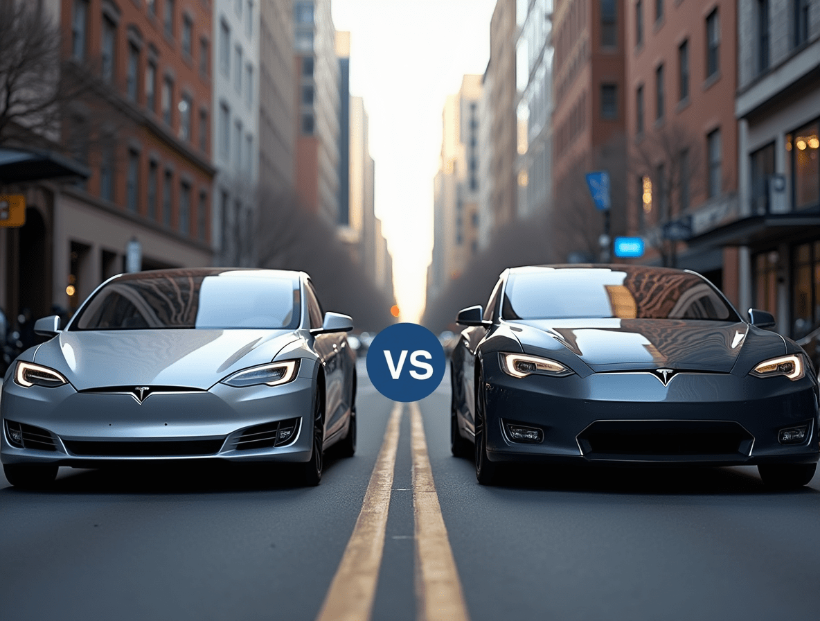 Tesla and Lucid Motors electric cars side by side on a city street with a VS symbol.