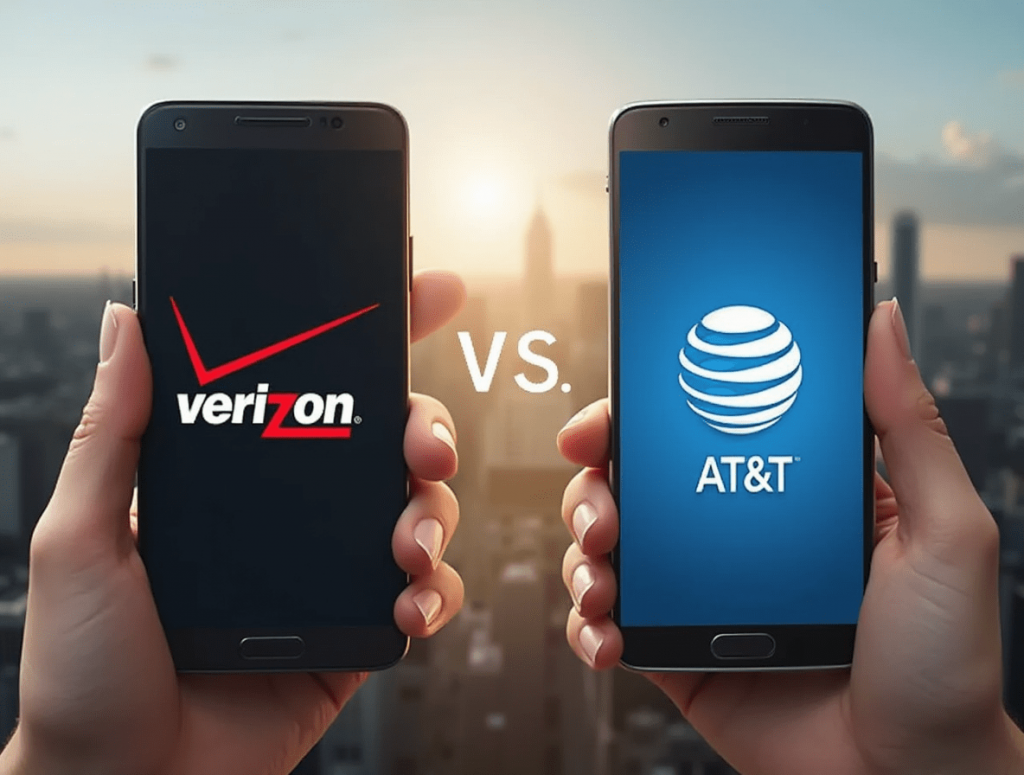 Smartphones showing Verizon and AT&T logos with full signal strength, set against a city background.