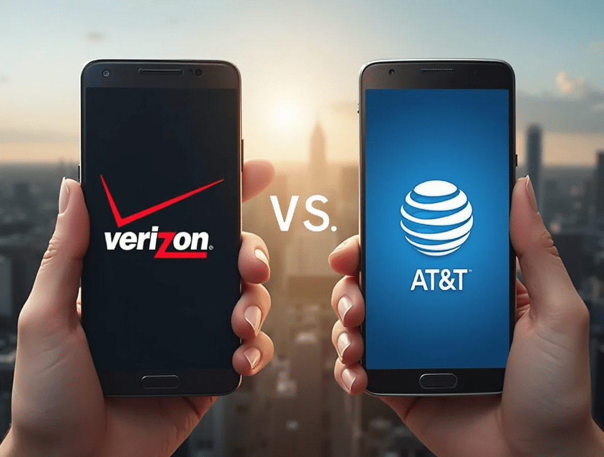 Smartphones showing Verizon and AT&T logos with full signal strength, set against a city background.