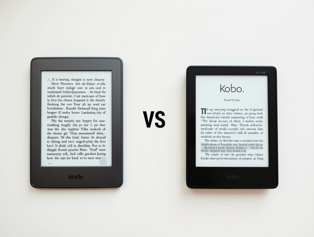 Kindle and Kobo e-readers side by side, each displaying an open ebook page.

