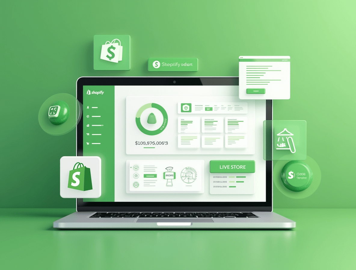A Shopify admin panel on a laptop screen with sales notifications and product listings, symbolizing building a profitable store in 2025.