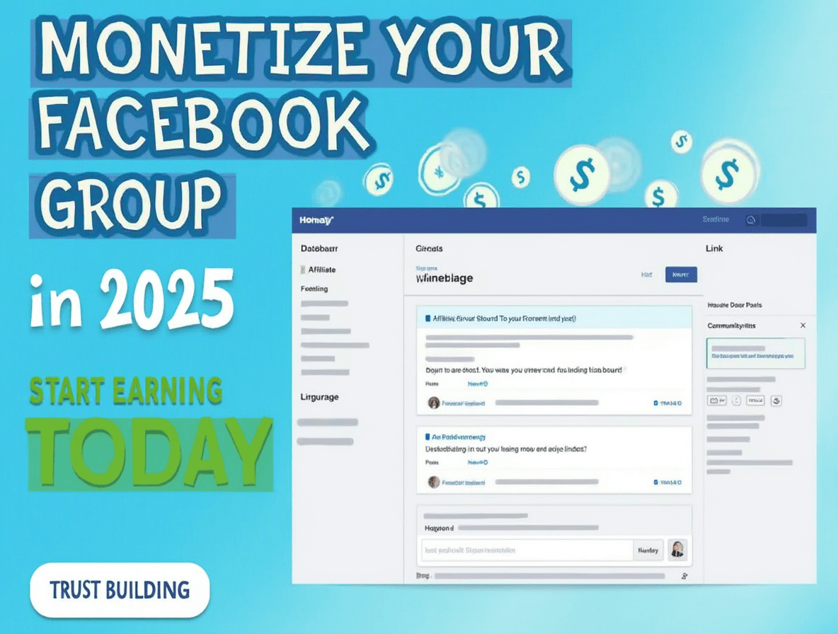 Illustration of a Facebook group interface with money icons and active member discussion, representing monetization strategies.