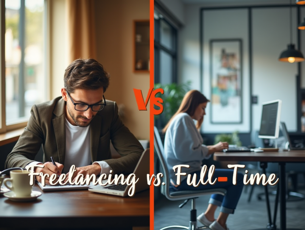 Comparison of a freelancing from a café vs a professional at a corporate office desk.