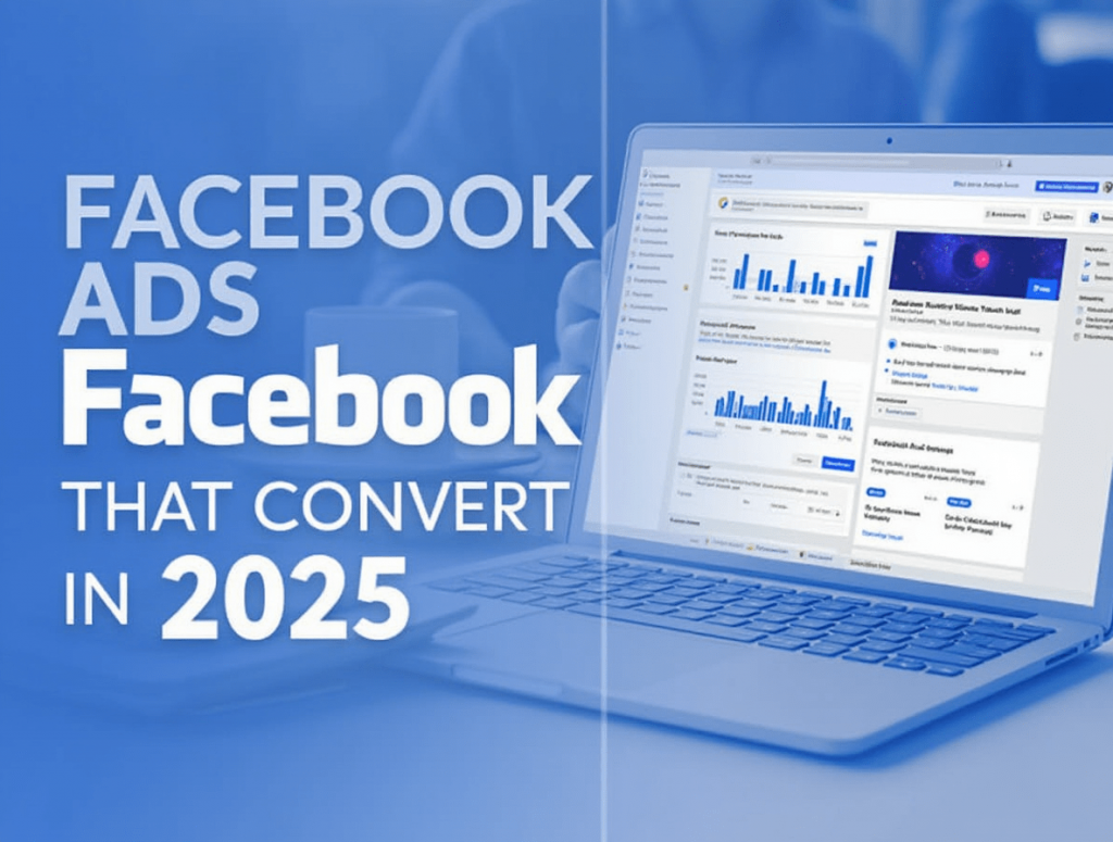 Laptop screen showing Facebook Ads Manager with performance metrics and a “successful campaign” banner overlay.