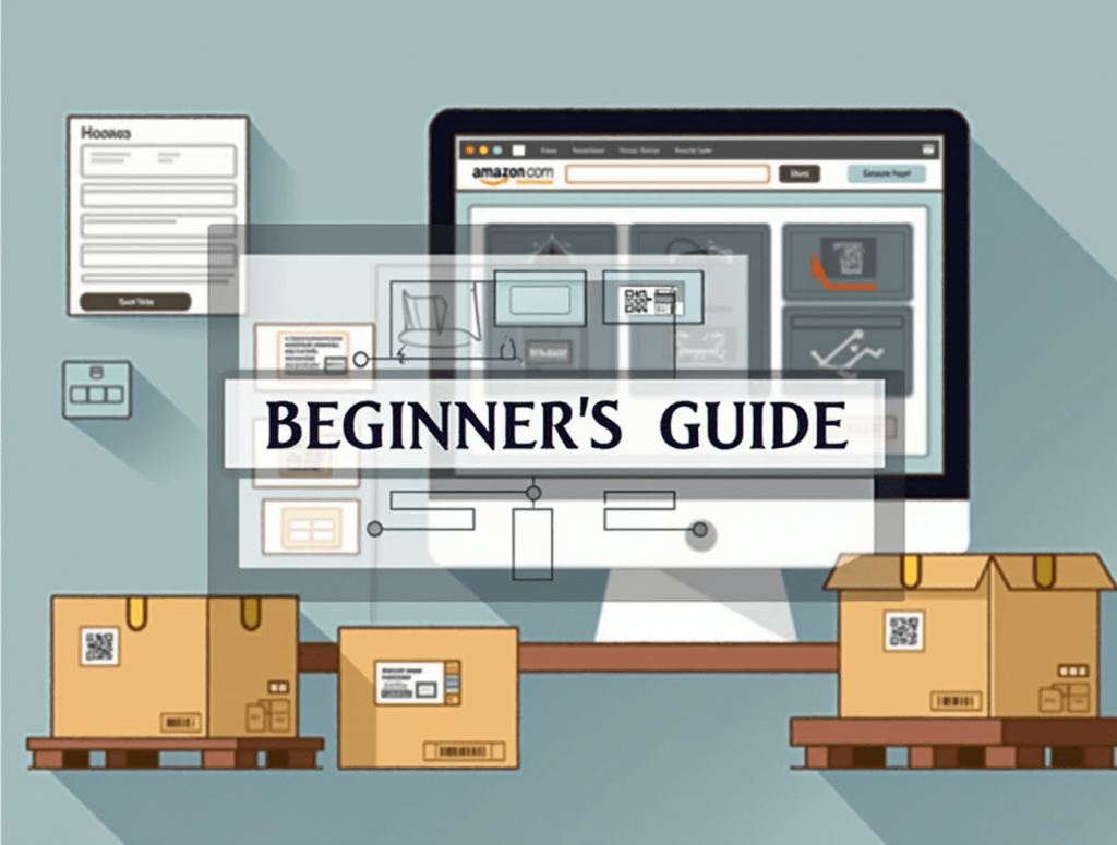 A digital workspace showing Amazon FBA setup with a laptop, product boxes, and shipping labels, ideal for a 2025 startup guide.

