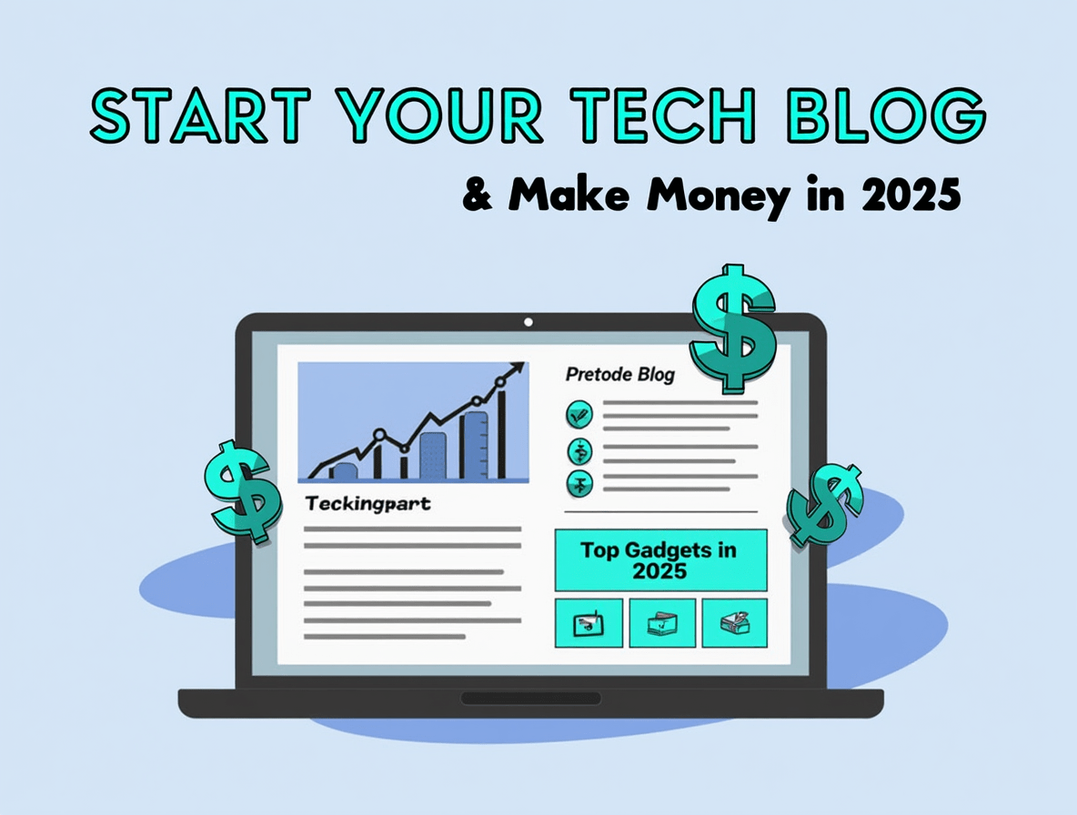 Laptop screen showing a tech blog layout with graphs, earnings, and blog posts titled "Top Gadgets in 2025."