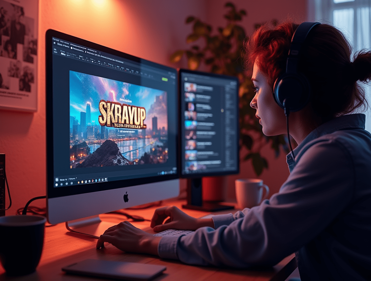 Content creator designing a YouTube thumbnail with bold text and visuals on a computer screen in a creative workspace.